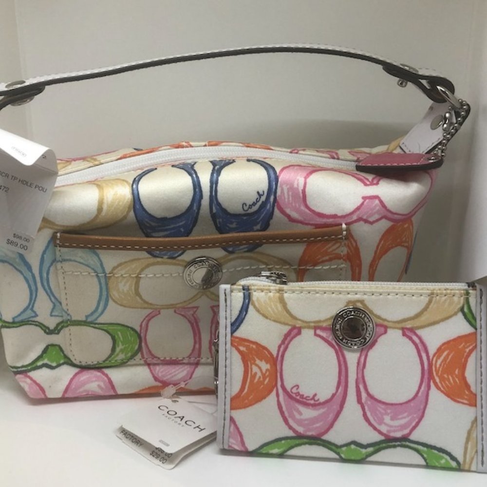 Coach Rare Scribble Handle Pouch Bag + Coin Purse